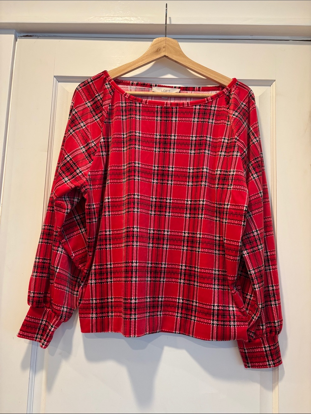 LOFT Red Plaid Boatneck Top